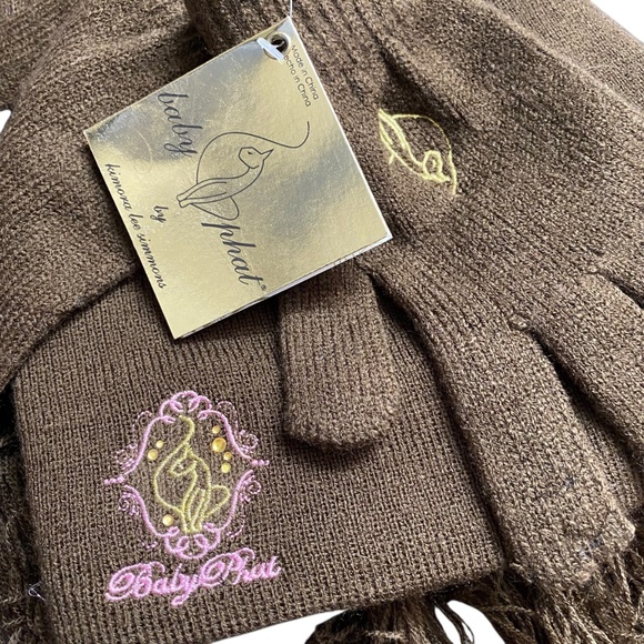 Baby Phat Womens Scarf Gloves Beanie Hat Set Brown Pink Logo Y2K Streetwear NWT - Picture 5 of 6